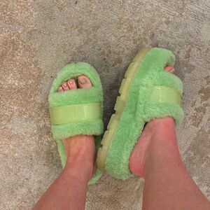 UGG Green Fluffy Slide Sandals